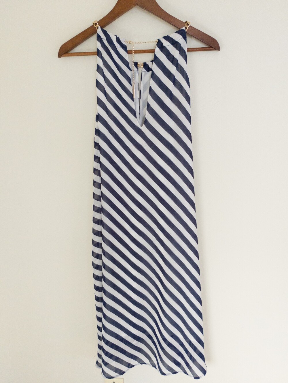 Michael Kors Blue White Diagonal Stripe Chain Halter Dress Size Large Nautical - Picture 8 of 9